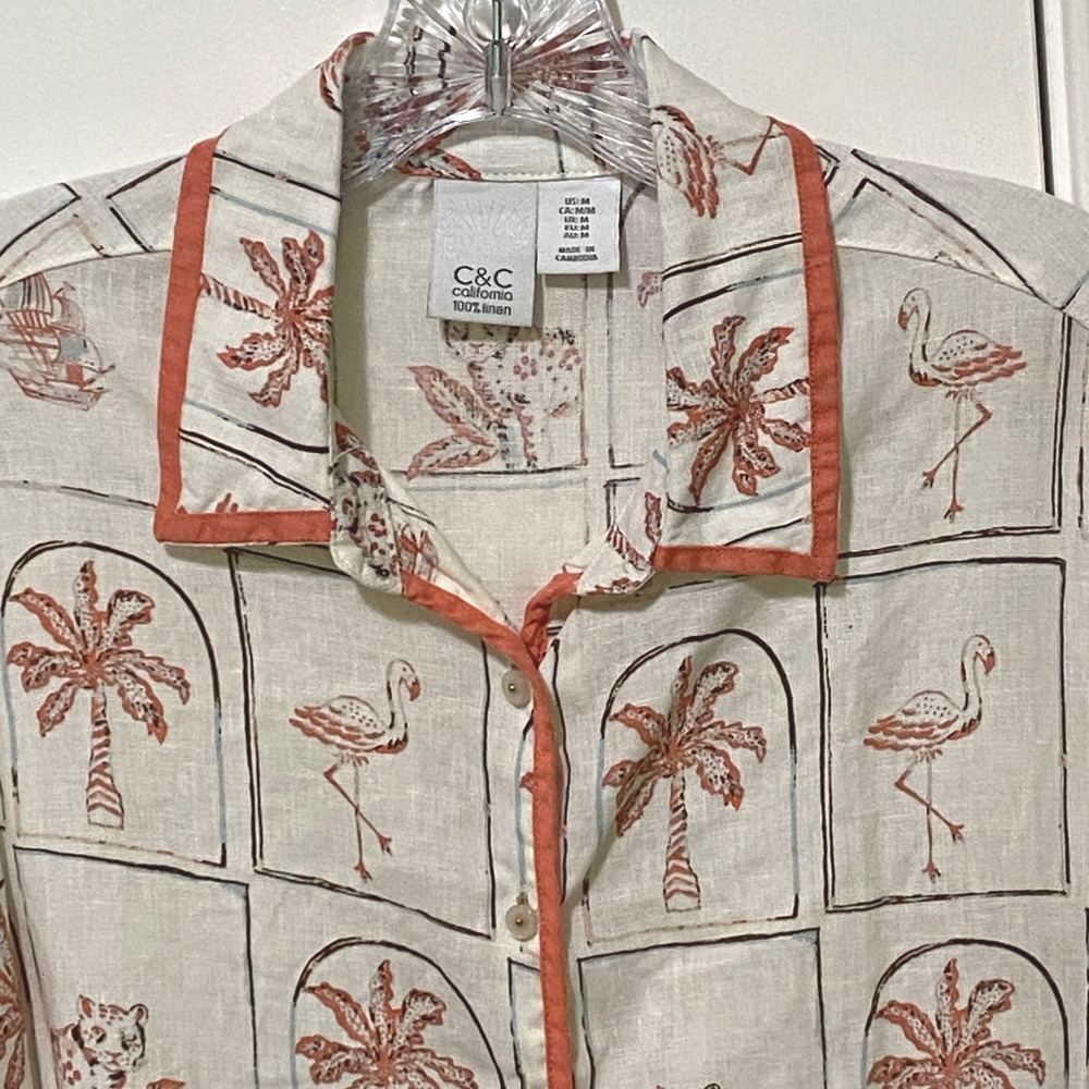 C&C California Linen Tropical Flamingo Button Camp Shirt Womens M Resort Cruise - Picture 2 of 6